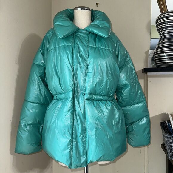 A New Day Women's Green Mid Length Puffer Coat Zip Snap Collared Size Large EUC - Picture 1 of 16